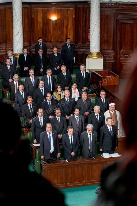 4 février 2015 : les principaux ministres du nouveau gouvernement de Habib Essid (1er rang à droite). Présentation du nouveau gouvernement de Habib Essid et discours de politique générale du nouveau Premier Ministre Habib Essid avant le vote de confiance au gouvernement à l'assemblée des Représentants du Peuple.