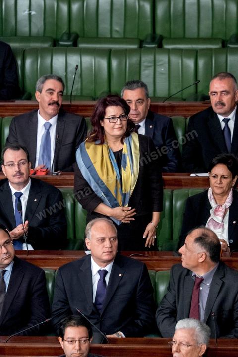 4 février 2015 : Samira Meai Friaa, Minsitre de la Femme. Présentation du nouveau gouvernement de Habib Essid et discours de politique générale du nouveau Premier Ministre Habib Essid avant le vote de confiance au gouvernement à l'assemblée des Représentants du Peuple.