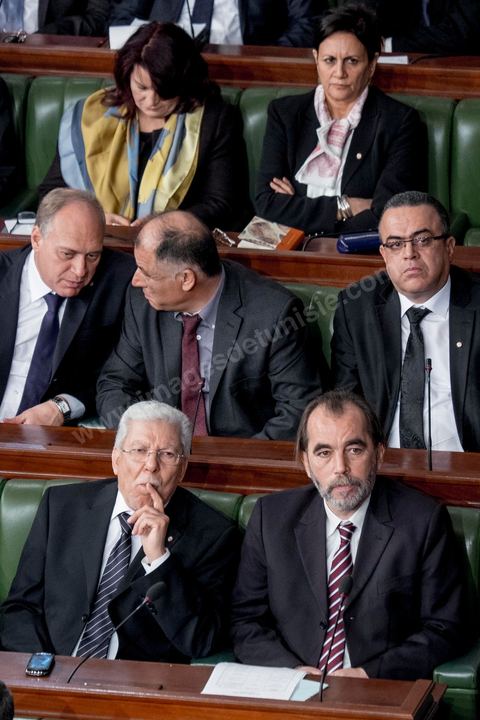 4 février 2015 : Taieb Baccouche et Saïd Aïdi. Présentation du nouveau gouvernement de Habib Essid et discours de politique générale du nouveau Premier Ministre Habib Essid avant le vote de confiance au gouvernement à l'assemblée des Représentants du Peuple.
