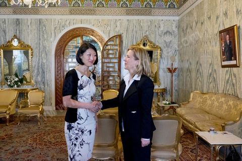 18 avril 2015 : Rencontre entre Fleur Pelerin, minsitre française de la culture et Salma Elloumi Rekik, minstre du tourimse tunisien au Palais de Carthage. Dans le cadre de la promotion de la Tunisie, la ministre française de la Culture Fleur Pelerin s'est rendue en Tunisie dans un voyage organisé par le ministère du tourisme avec une délégation de personnalités françaises et tunisiennes qui participent à la campagne de communication "La Tunisie, moi j'y vais".