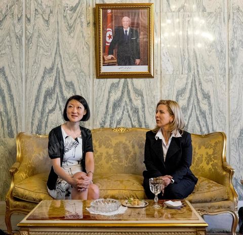 18 avril 2015 : Rencontre entre Fleur Pelerin, minsitre française de la culture et Salma Elloumi Rekik, minstre du tourimse tunisien au Palais de Carthage. Dans le cadre de la promotion de la Tunisie, la ministre française de la Culture Fleur Pelerin s'est rendue en Tunisie dans un voyage organisé par le ministère du tourisme avec une délégation de personnalités françaises et tunisiennes qui participent à la campagne de communication "La Tunisie, moi j'y vais".