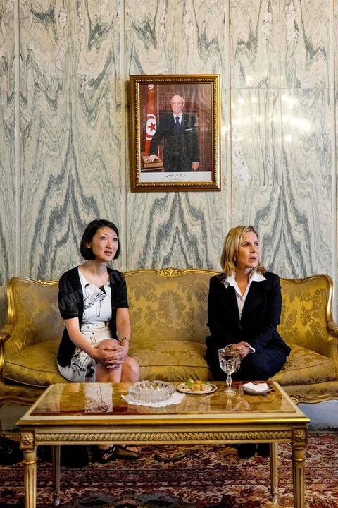 18 avril 2015 : Rencontre entre Fleur Pelerin, minsitre française de la culture et Salma Elloumi Rekik, minstre du tourimse tunisien au Palais de Carthage. Dans le cadre de la promotion de la Tunisie, la ministre française de la Culture Fleur Pelerin s'est rendue en Tunisie dans un voyage organisé par le ministère du tourisme avec une délégation de personnalités françaises et tunisiennes qui participent à la campagne de communication "La Tunisie, moi j'y vais".