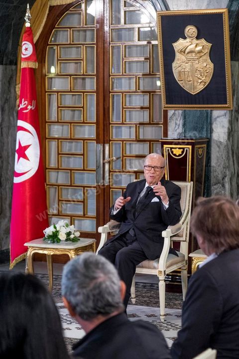 18 avril 2015 : Au palais présidentiel de Carthage, le président tunisien Béji Caïd Essebsi reçoit la délégation. Dans le cadre de la promotion de la Tunisie, la ministre française de la Culture Fleur Pelerin s'est rendue en Tunisie dans un voyage organisé par le ministère du tourisme avec une délégation de personnalités françaises et tunisiennes qui participent à la campagne de communication "La Tunisie, moi j'y vais".