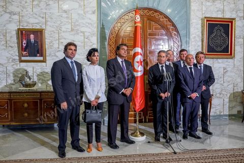 20 juillet 2015 : Point de presse suite à la rencontre au Palais présidentiel de Carthage entre Beji Caïd Essebsi, présidentd e la république tunisienne et Nicolas Sarkozy accompagné d'une délégation du parti Les Républicains. Visite de Nicolas Sarkozy en Tunisie à titre de Président du Pparti Les Républicains.