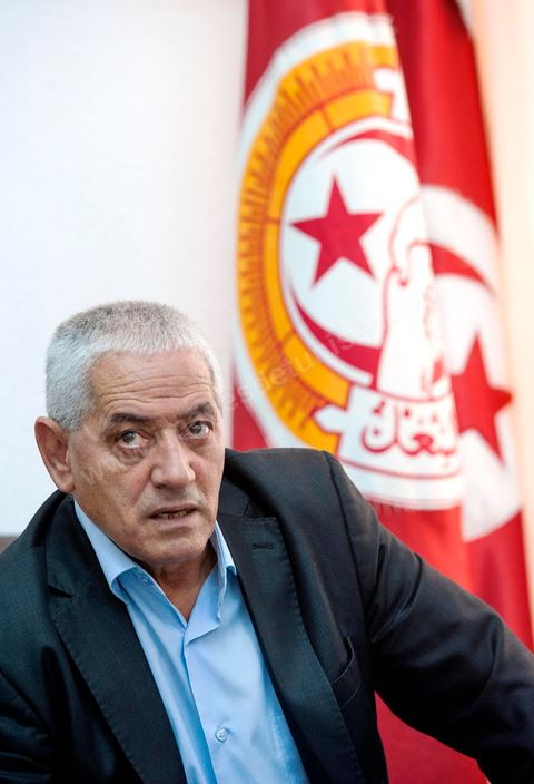 Houcine ABBASSI, le secrétaire Général de l'UGTT, Union Général des Travailleurs Tunisiens, syndicat des travailleurs et membres du quartet du Dialogue National Tunisien qui vient de recvoir le Prix Nobel de la Paix 2015 ce 9 octobre 2015. 