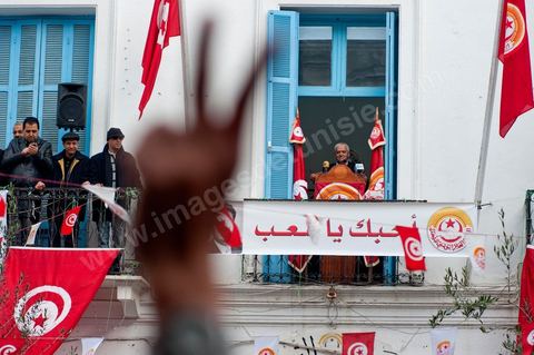 Houcine ABBASSI, le secrétaire Général de l'UGTT, Union Général des Travailleurs Tunisiens, syndicat des travailleurs et membres du quartet du Dialogue National Tunisien qui vient de recvoir le Prix Nobel de la Paix 2015 ce 9 octobre 2015.  le 14 janiver 2012 le nouveau secrétaire general de l'UGTT fait un discours au siège historique du syndicat des travailleurs. 