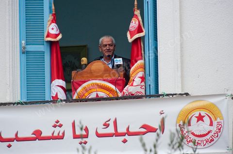 Houcine ABBASSI, le secrétaire Général de l'UGTT, Union Général des Travailleurs Tunisiens, syndicat des travailleurs et membres du quartet du Dialogue National Tunisien qui vient de recvoir le Prix Nobel de la Paix 2015 ce 9 octobre 2015.  le 14 janiver 2012 le nouveau secrétaire general de l'UGTT fait un discours au siège historique du syndicat des travailleurs. 