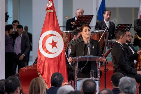 18 mars 2016 : Discours de Sonia M'Barek, Ministre de la culture tunisienne, un an après l'attentat, la Tunisie organise un grand événement avec la commémoration de l'attentat du Bardo qui a fait 21 victimes étangères et une victime tunisienne. La cérémonie qui s'est déroulée dans le hall du musée avec la présence du premier ministre tunisien, Habib Essid, des ministres tunisiens mais aussi Jean-Marc Ayrault, Ministre des Affaires Etrangères français.