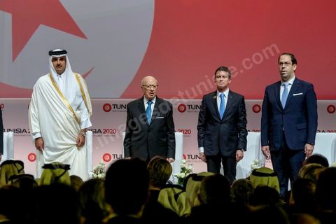 29 novembre 2016 : Cérémonie d'ouverture de la Conférence Tunisia 2020 par président Tunisien Beji Caid Essebsi, avec Emir du Qatar, Premiers Ministres tunisien, français et algérien.