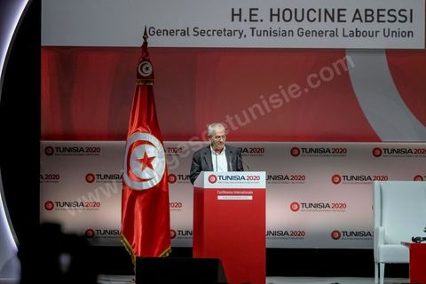29 novembre 2016 : Houcine Abbassi, UGTT. Cérémonie d'ouverture de la Conférence Tunisia 2020 par président Tunisien Beji Caid Essebsi, avec Emir du Qatar, Premiers Ministres tunisien, français et algérien.