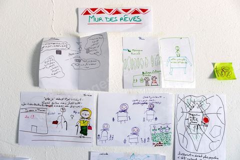 1er novembre 2016 : Mur des fiertés et des rêves réalisés par les femmes de Bir Salah au Fortin de la Connaissance de l'association Dream in Tunisia, un espace offrant des services sociaux-culturels, éducatifs et économiques, participant à l’émancipation des usagers. Depuis ses 11 ans, Sarah Toumi ne jure que par l’action collective. Fondatrice, en 2008, de Dream, un « réseau d’échange et d’action pour le développement » destiné aux jeunes, Sarah Toumi, aujourd’hui 29 ans, quitte Paris en 2012 pour retrouver la campagne tunisienne et ses souvenirs d’enfance. N’ayant jamais pu oublier les inégalités et la pauvreté qui régnaient à Bir Salah, le village de son grand-père, dans la région de Sfax (Centre), elle crée Acacias for All, une entreprise « à vocation sociale ».Objectif : réduire le déficit hydrique de cette localité affectée par le changement climatique. Une initiative qui vaut à Sarah Toumi d’être la seule Arabe et Africaine à figurer dans le classement mondial 2016 des trente meilleurs entrepreneurs de moins de 30 ans, établi par le magazine américain Forbes.