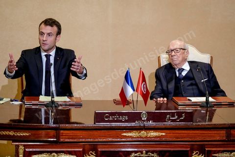 31 janvier 2018 : signature de contrats et conférence de presse des deux  Présidents Emmanuel Macron et Beji Caid Essebsi au palais présidentiel de Carthage dans le cadre de la visite d'Etat du Président français en Tunisie.