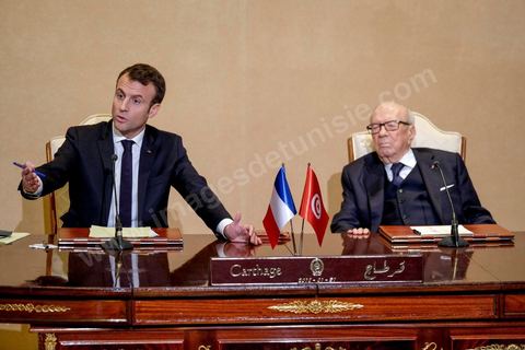 31 janvier 2018 : signature de contrats et conférence de presse des deux  Présidents Emmanuel Macron et Beji Caid Essebsi au palais présidentiel de Carthage dans le cadre de la visite d'Etat du Président français en Tunisie.