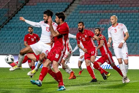 23 mars 2018 : Match de football amical entre la Tunisie et l'Iran en vue de la préparation à la coupe du monde de football en Russie en juin 2018. match au stade de Radès, banlieue sud de Tunis, avec près de 4000 spectateurs et sous une pluie intensive, la Tunisie remporte le match 1 à 0. 