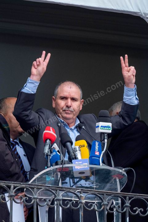 14 janvier 2019 : 8ème anniversaire de la révolution, place Med Ali au siège historique de l'UGTT, Noureddine Taboubi, secrétaire général fait au balcon de son bureau son discours à près d'un millier de syndicalistes. Suivi ensuite de l'interview dans son bureau.