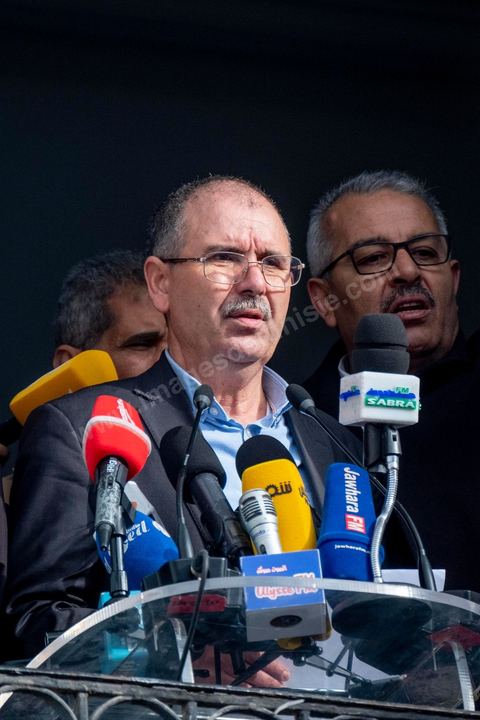 14 janvier 2019 : 8ème anniversaire de la révolution, place Med Ali au siège historique de l'UGTT, Noureddine Taboubi, secrétaire général fait au balcon de son bureau son discours à près d'un millier de syndicalistes. Suivi ensuite de l'interview dans son bureau.