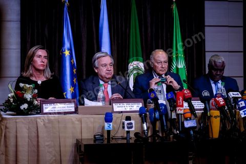 30 mars 2019 : Federica Mogherini à la coférence de presse suite à la réunion du quartet sur la Libye Tunis pour le sommet de la Ligue Arabe. En présence de Federica Mogherini, HRV/VP de l’UE, Moussa Faki, président commission Union Africaine, Antonio Guterres, secrétaire général ONU et Ahmed Aboul Gheit, secrétaire Général de la ligue arabe.