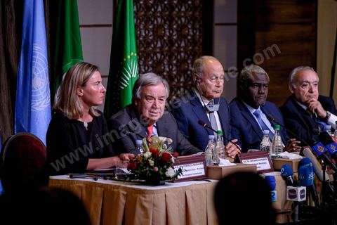 30 mars 2019 : Federica Mogherini à la coférence de presse suite à la réunion du quartet sur la Libye Tunis pour le sommet de la Ligue Arabe. En présence de Federica Mogherini, HRV/VP de l’UE, Moussa Faki, président commission Union Africaine, Antonio Guterres, secrétaire général ONU et Ahmed Aboul Gheit, secrétaire Général de la ligue arabe.