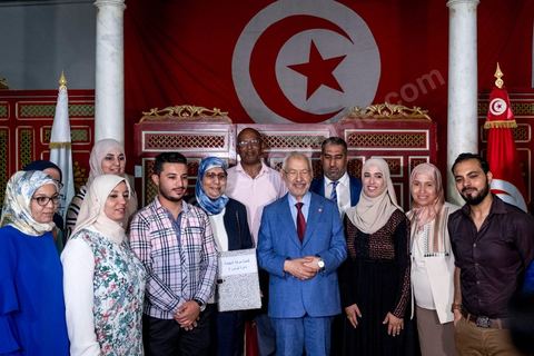 29 juillet 2019 : Rached Ghannouchi, président du parti Ennahdha, présente à la presse les candidats de sa liste après le dépot dans le bureau de l'IRIE Tunis 1 de sa candidature pour les élections legislatives de octobre 2019 circonscription de Tunis 1.