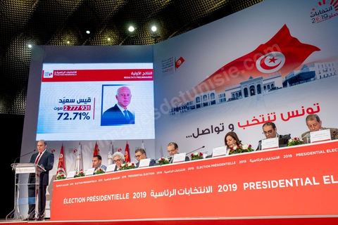 14 octobre 2019 : moins de 24h après la fermeture des bureaux de vote, Nabil Baffoun, président de l’Instance supérieure indépendante pour les élections (ISIE) a annoncé les résultats préliminaires du scrutin présidentiel, ce sont 2 777 931 Tunisiens qui ont voté pour Kaïs Saïed, candidat indépendant, qui l'emporte avec 72,71% des voix contre seulement 1 042 894 voix (27,29%) pour le candidat Nabil Karoui, président du parti Au Cœur de la Tunisie, avec un taux de participation estimé à 56,8% à l’intérieur du pays et 24,4% à l’étranger. Notons qu’en cas d’absence de recours, les résultats officiels définitifs de l’élection présidentielle seront annoncés dans un délai de trois jours.