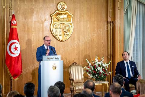 28 février 2020 : Dsiocurs de Elyes Fakhfakh à la passation de pouvoir entre les deux chefs de gouvernement, Youssef Chahed, sortant, et Elyes Fakhfakh, fraichement investi par le parlement. La cérémonie que c'est déroulé en présence des memebres des deux gouvernements commença par un discours de Youssef Chahed puis de Elyes Fakhfakh. 