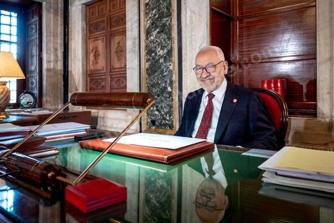 21 février 2020 : portrait de Rached Ghannouchi, Président de l'Assemblée des Représentants du peuple, dans son bureau de l'ARP. 