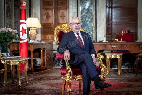 21 février 2020 : portrait de Rached Ghannouchi, Président de l'Assemblée des Représentants du peuple, dans son bureau de l'ARP. 