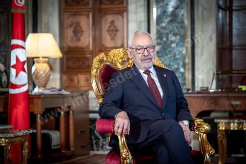 21 février 2020 : portrait de Rached Ghannouchi, Président de l'Assemblée des Représentants du peuple, dans son bureau de l'ARP. 