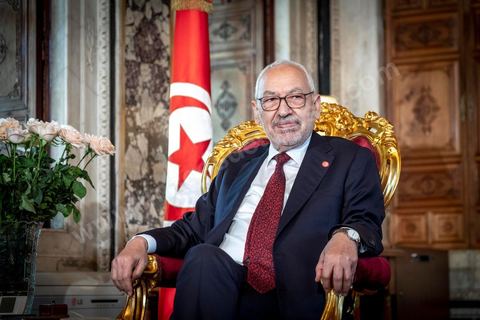 21 février 2020 : portrait de Rached Ghannouchi, Président de l'Assemblée des Représentants du peuple, dans son bureau de l'ARP. 
