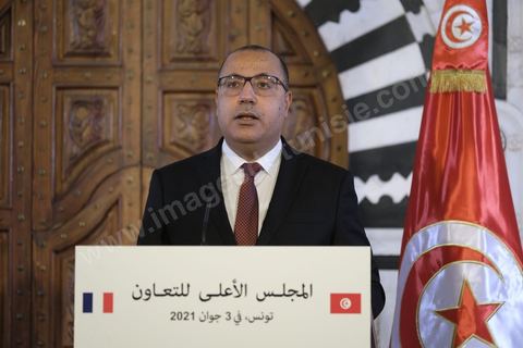 3 juin 2021 : Signateure contrats et déclaration presse lors de la rencontre entre Hichem Mechichi, chef du gouvernement tunisien et Jean CASTEX, Premier ministre, dans le cadre de sa visite à Tunis à l’occasion du 3ème Haut Conseil de Coopération franco-tunisien, accompagné de M. Jean-Yves LE DRIAN, ministre de l'Europe et des Affaires étrangères, de Mme Frédérique VIDAL, ministre de l'Enseignement supérieur, de la Recherche et de l'Innovation, de M. Jean-Baptiste DJEBBARI, ministre délégué auprès de la ministre de la Transition écologique, chargé des Transports, de M. Alain GRISET, ministre délégué auprès du ministre de l’Économie, des Finances et de la Relance, chargé des Petites et Moyennes Entreprises. POOL