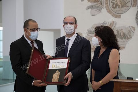 3 juin 2021 : Visite du Musée du Bardo par Jean CASTEX, Premier ministre, en compagnie de sa femme et du Ministre tunisien du tourisme et de la culture dans le cadre de sa visite à Tunis à l’occasion du 3ème Haut Conseil de Coopération franco-tunisien, accompagné de M. Jean-Yves LE DRIAN, ministre de l'Europe et des Affaires étrangères, de Mme Frédérique VIDAL, ministre de l'Enseignement supérieur, de la Recherche et de l'Innovation, de M. Jean-Baptiste DJEBBARI, ministre délégué auprès de la ministre de la Transition écologique, chargé des Transports, de M. Alain GRISET, ministre délégué auprès du ministre de l’Économie, des Finances et de la Relance, chargé des Petites et Moyennes Entreprises. POOL