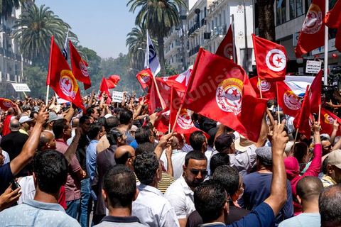 16 juin 2022 : rassemblement syndical ce matin devant le siège de l’UGTT à Tunis, avec le discours de son secrétaire général, Noureddine Taboubi en ce jour de grève générale dans la fonction publique. La grève de 24h largement suivie est une pression forte de l'UGTT contre Saied et son gouvernement pour négocier de nouveaux accords salariaux et « corriger le pouvoir d’achat » des Tunisiens.
