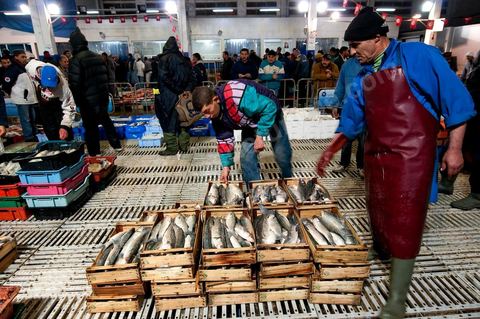 caisse de poissons après la pesée à la Halle aux poissons du marché de gros de Tunis à El Mourouj