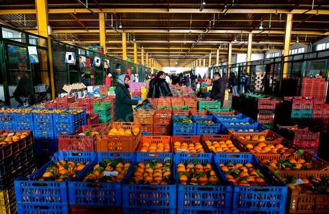 Vendeur et étales de oranges et pommes à la Halle aux fruits et légumes du marché de gros de Tunis à El Mourouj