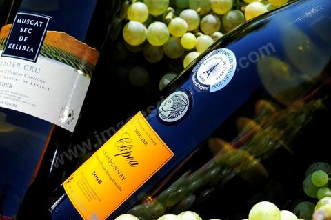 Bouteilles de vin blanc de Muscat sec de Kelibia et Clipea Chardonnay posaient dans grappes de raisins blanc au coeur du domaine viticole de Kelibia