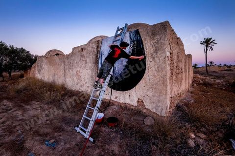 Oeuvre de l'artiste belge ROA pour le Projet DjerbaHood : après la Tour Paris 13, la team Itinerrance dépose ses valises dans un village traditionnel de l’île de Djerba, Erriadh. Depuis le début du mois de juillet, le village d’Erriadh se métamorphose petit à petit pour devenir un véritable musée à ciel ouvert. Une sélection d’artistes des quatre coins du monde ont été invités à s’exprimer dans ce décor unique à l’architecture authentique : murs blancs, portes bleues turquoises, dômes, veilles constructions et divers lieux abandonnés, autant de possibilités qui donneront naissance à des créations uniques aux couleurs locales.