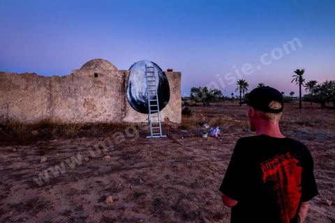 Oeuvre de l'artiste belge ROA pour le Projet DjerbaHood : après la Tour Paris 13, la team Itinerrance dépose ses valises dans un village traditionnel de l’île de Djerba, Erriadh. Depuis le début du mois de juillet, le village d’Erriadh se métamorphose petit à petit pour devenir un véritable musée à ciel ouvert. Une sélection d’artistes des quatre coins du monde ont été invités à s’exprimer dans ce décor unique à l’architecture authentique : murs blancs, portes bleues turquoises, dômes, veilles constructions et divers lieux abandonnés, autant de possibilités qui donneront naissance à des créations uniques aux couleurs locales.