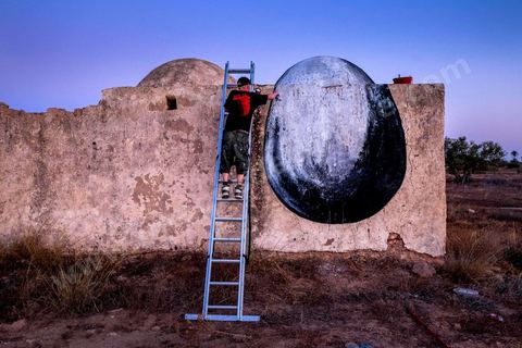 Oeuvre de l'artiste belge ROA pour le Projet DjerbaHood : après la Tour Paris 13, la team Itinerrance dépose ses valises dans un village traditionnel de l’île de Djerba, Erriadh. Depuis le début du mois de juillet, le village d’Erriadh se métamorphose petit à petit pour devenir un véritable musée à ciel ouvert. Une sélection d’artistes des quatre coins du monde ont été invités à s’exprimer dans ce décor unique à l’architecture authentique : murs blancs, portes bleues turquoises, dômes, veilles constructions et divers lieux abandonnés, autant de possibilités qui donneront naissance à des créations uniques aux couleurs locales.