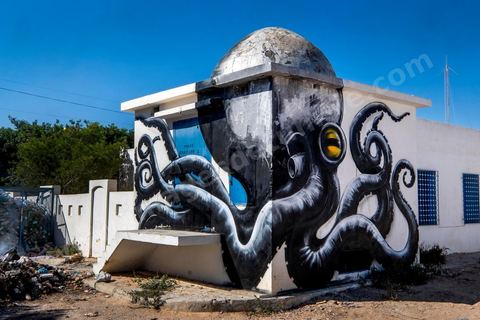 Oeuvre de l'artiste belge ROA pour le Projet DjerbaHood : après la Tour Paris 13, la team Itinerrance dépose ses valises dans un village traditionnel de l’île de Djerba, Erriadh. Depuis le début du mois de juillet, le village d’Erriadh se métamorphose petit à petit pour devenir un véritable musée à ciel ouvert. Une sélection d’artistes des quatre coins du monde ont été invités à s’exprimer dans ce décor unique à l’architecture authentique : murs blancs, portes bleues turquoises, dômes, veilles constructions et divers lieux abandonnés, autant de possibilités qui donneront naissance à des créations uniques aux couleurs locales.