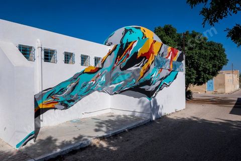 Oeuvre de l'artiste portugais ARRAIANO pour le Projet DjerbaHood : après la Tour Paris 13, la team Itinerrance dépose ses valises dans un village traditionnel de l’île de Djerba, Erriadh. Depuis le début du mois de juillet, le village d’Erriadh se métamorphose petit à petit pour devenir un véritable musée à ciel ouvert. Une sélection d’artistes des quatre coins du monde ont été invités à s’exprimer dans ce décor unique à l’architecture authentique : murs blancs, portes bleues turquoises, dômes, veilles constructions et divers lieux abandonnés, autant de possibilités qui donneront naissance à des créations uniques aux couleurs locales.