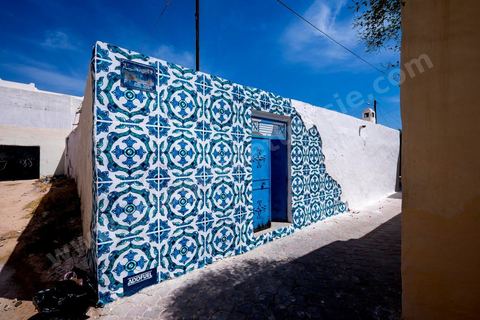 Oeuvre de l'artiste portugais ADD FUEL pour le Projet DjerbaHood : après la Tour Paris 13, la team Itinerrance dépose ses valises dans un village traditionnel de l’île de Djerba, Erriadh. Depuis le début du mois de juillet, le village d’Erriadh se métamorphose petit à petit pour devenir un véritable musée à ciel ouvert. Une sélection d’artistes des quatre coins du monde ont été invités à s’exprimer dans ce décor unique à l’architecture authentique : murs blancs, portes bleues turquoises, dômes, veilles constructions et divers lieux abandonnés, autant de possibilités qui donneront naissance à des créations uniques aux couleurs locales.
