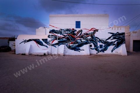Oeuvre de l'artiste portugais PANTONIO pour le Projet DjerbaHood : après la Tour Paris 13, la team Itinerrance dépose ses valises dans un village traditionnel de l’île de Djerba, Erriadh. Depuis le début du mois de juillet, le village d’Erriadh se métamorphose petit à petit pour devenir un véritable musée à ciel ouvert. Une sélection d’artistes des quatre coins du monde ont été invités à s’exprimer dans ce décor unique à l’architecture authentique : murs blancs, portes bleues turquoises, dômes, veilles constructions et divers lieux abandonnés, autant de possibilités qui donneront naissance à des créations uniques aux couleurs locales.