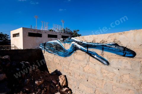 Oeuvre de l'artiste portugais PANTONIO pour le Projet DjerbaHood : après la Tour Paris 13, la team Itinerrance dépose ses valises dans un village traditionnel de l’île de Djerba, Erriadh. Depuis le début du mois de juillet, le village d’Erriadh se métamorphose petit à petit pour devenir un véritable musée à ciel ouvert. Une sélection d’artistes des quatre coins du monde ont été invités à s’exprimer dans ce décor unique à l’architecture authentique : murs blancs, portes bleues turquoises, dômes, veilles constructions et divers lieux abandonnés, autant de possibilités qui donneront naissance à des créations uniques aux couleurs locales.