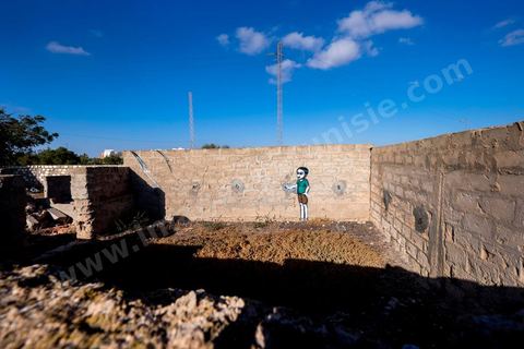 Oeuvre de l'artiste brésilien TINHO pour le Projet DjerbaHood : après la Tour Paris 13, la team Itinerrance dépose ses valises dans un village traditionnel de l’île de Djerba, Erriadh. Depuis le début du mois de juillet, le village d’Erriadh se métamorphose petit à petit pour devenir un véritable musée à ciel ouvert. Une sélection d’artistes des quatre coins du monde ont été invités à s’exprimer dans ce décor unique à l’architecture authentique : murs blancs, portes bleues turquoises, dômes, veilles constructions et divers lieux abandonnés, autant de possibilités qui donneront naissance à des créations uniques aux couleurs locales.