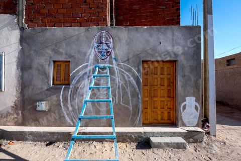 Oeuvres de l'artiste espagnol MALAKKAI pour le Projet DjerbaHood : après la Tour Paris 13, la team Itinerrance dépose ses valises dans un village traditionnel de l’île de Djerba, Erriadh. Depuis le début du mois de juillet, le village d’Erriadh se métamorphose petit à petit pour devenir un véritable musée à ciel ouvert. Une sélection d’artistes des quatre coins du monde ont été invités à s’exprimer dans ce décor unique à l’architecture authentique : murs blancs, portes bleues turquoises, dômes, veilles constructions et divers lieux abandonnés, autant de possibilités qui donneront naissance à des créations uniques aux couleurs locales.