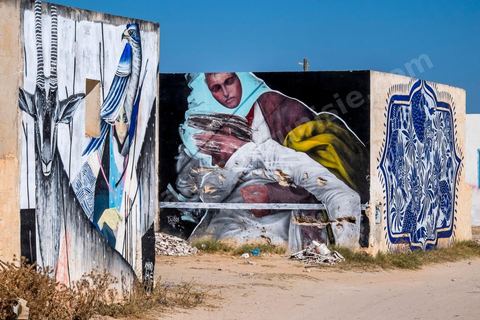 Oeuvres de l'artiste dominicain EVOCA1 pour le Projet DjerbaHood : après la Tour Paris 13, la team Itinerrance dépose ses valises dans un village traditionnel de l’île de Djerba, Erriadh. Depuis le début du mois de juillet, le village d’Erriadh se métamorphose petit à petit pour devenir un véritable musée à ciel ouvert. Une sélection d’artistes des quatre coins du monde ont été invités à s’exprimer dans ce décor unique à l’architecture authentique : murs blancs, portes bleues turquoises, dômes, veilles constructions et divers lieux abandonnés, autant de possibilités qui donneront naissance à des créations uniques aux couleurs locales.