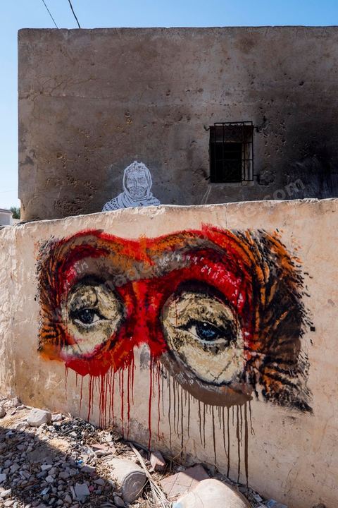 Oeuvres de l'artiste italien ORTICANOODLES pour le Projet DjerbaHood : après la Tour Paris 13, la team Itinerrance dépose ses valises dans un village traditionnel de l’île de Djerba, Erriadh. Depuis le début du mois de juillet, le village d’Erriadh se métamorphose petit à petit pour devenir un véritable musée à ciel ouvert. Une sélection d’artistes des quatre coins du monde ont été invités à s’exprimer dans ce décor unique à l’architecture authentique : murs blancs, portes bleues turquoises, dômes, veilles constructions et divers lieux abandonnés, autant de possibilités qui donneront naissance à des créations uniques aux couleurs locales.