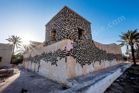 Oeuvres de l'artiste tunisien SHOOF pour le Projet DjerbaHood : après la Tour Paris 13, la team Itinerrance dépose ses valises dans un village traditionnel de l’île de Djerba, Erriadh. Depuis le début du mois de juillet, le village d’Erriadh se métamorphose petit à petit pour devenir un véritable musée à ciel ouvert. Une sélection d’artistes des quatre coins du monde ont été invités à s’exprimer dans ce décor unique à l’architecture authentique : murs blancs, portes bleues turquoises, dômes, veilles constructions et divers lieux abandonnés, autant de possibilités qui donneront naissance à des créations uniques aux couleurs locales.