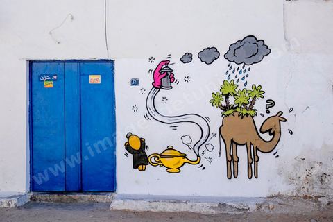 Oeuvres de l'artiste réunionnais JACE pour le Projet DjerbaHood : après la Tour Paris 13, la team Itinerrance dépose ses valises dans un village traditionnel de l’île de Djerba, Erriadh. Depuis le début du mois de juillet, le village d’Erriadh se métamorphose petit à petit pour devenir un véritable musée à ciel ouvert. Une sélection d’artistes des quatre coins du monde ont été invités à s’exprimer dans ce décor unique à l’architecture authentique : murs blancs, portes bleues turquoises, dômes, veilles constructions et divers lieux abandonnés, autant de possibilités qui donneront naissance à des créations uniques aux couleurs locales.