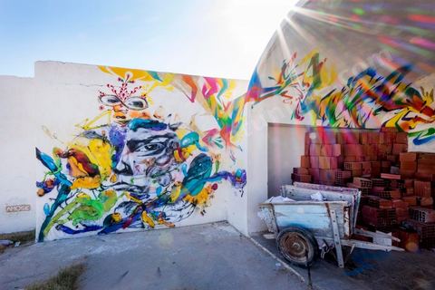 Oeuvres de l'artiste espagnol LAGUNA pour le Projet DjerbaHood : après la Tour Paris 13, la team Itinerrance dépose ses valises dans un village traditionnel de l’île de Djerba, Erriadh. Depuis le début du mois de juillet, le village d’Erriadh se métamorphose petit à petit pour devenir un véritable musée à ciel ouvert. Une sélection d’artistes des quatre coins du monde ont été invités à s’exprimer dans ce décor unique à l’architecture authentique : murs blancs, portes bleues turquoises, dômes, veilles constructions et divers lieux abandonnés, autant de possibilités qui donneront naissance à des créations uniques aux couleurs locales.